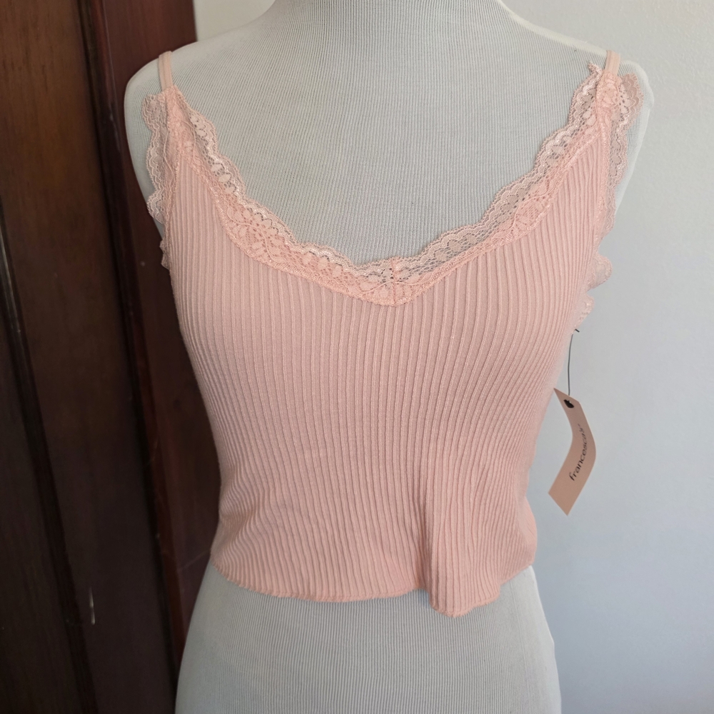 Francesca's Pink Ribbed Lace-Trim Tank